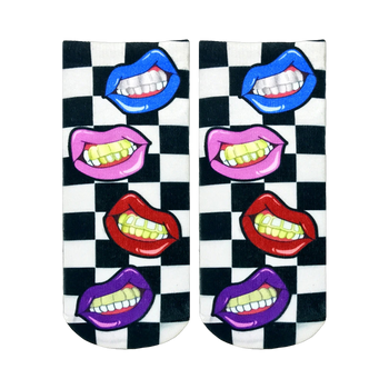 Ankle socks with a black and white checkered pattern and colorful lips with gold grillz.  The lips are pink, purple, red, and blue.