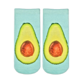 Pair of pastel blue ankle socks with a realistic avocado print on each sock.