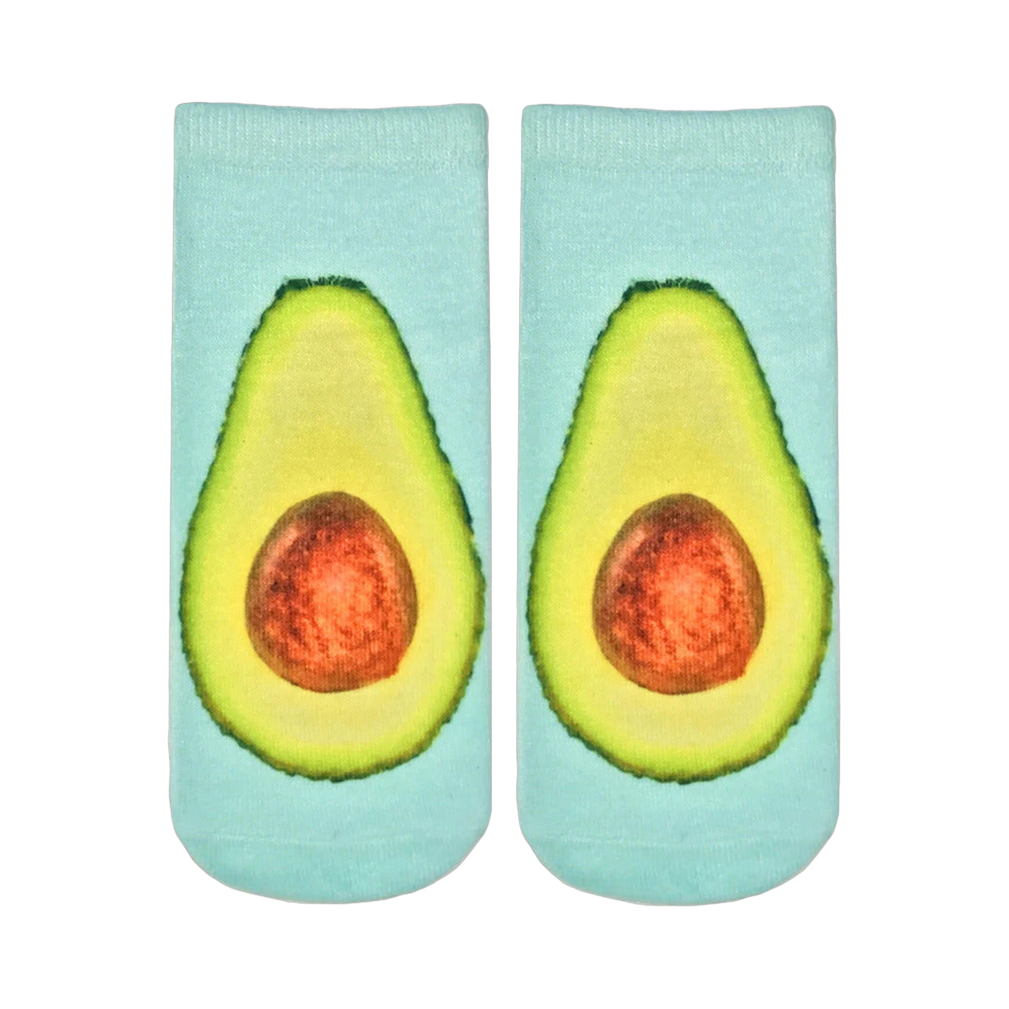 Pair of pastel blue ankle socks with a realistic avocado print on each sock.