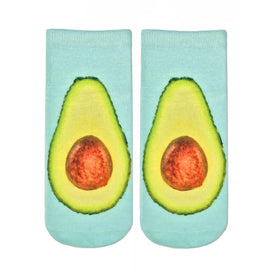 bright blue socks for women with an avocado print pattern.  