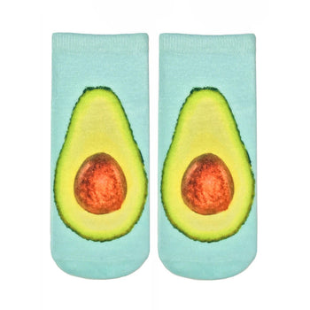 bright blue socks for women with an avocado print pattern.  