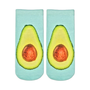 Pair of pastel blue ankle socks with a realistic avocado print on each sock.