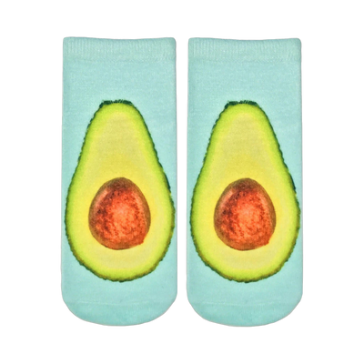Pair of pastel blue ankle socks with a realistic avocado print on each sock.