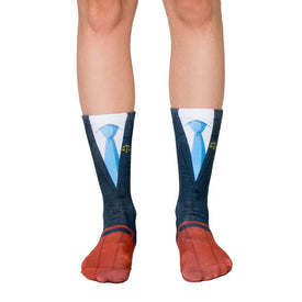 crew length mid-calf socks with dark blue suit, white shirt, blue tie, and gold justice symbol.  