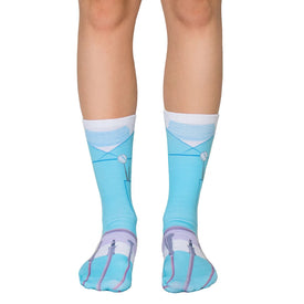blue dentistry crew socks for men and women with white collars and dental instrument patterns. 