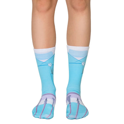 blue dentistry crew socks for men and women with white collars and dental instrument patterns. 