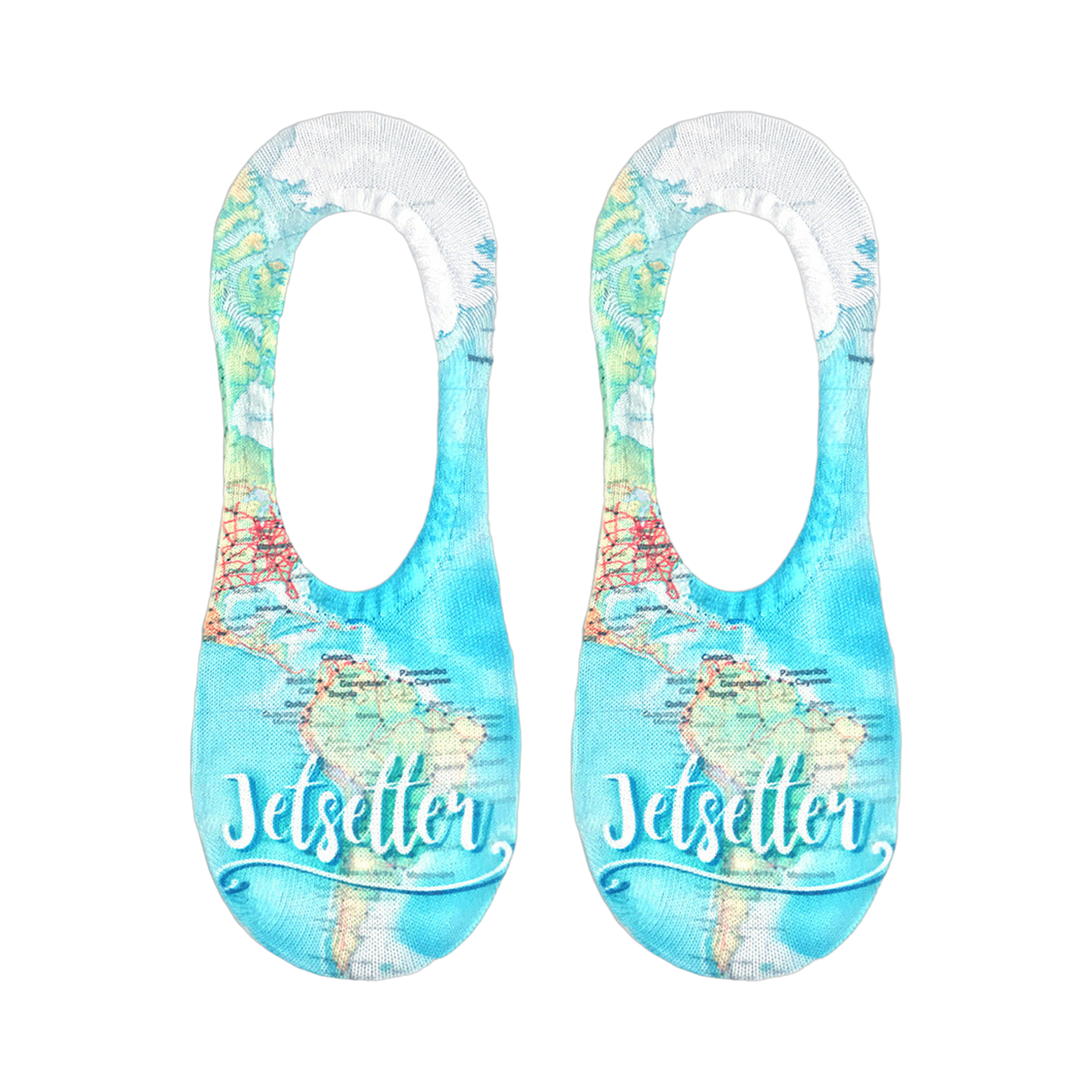 Flatlay product shot showing a pair of Jetsetter no-show socks with a world map design.