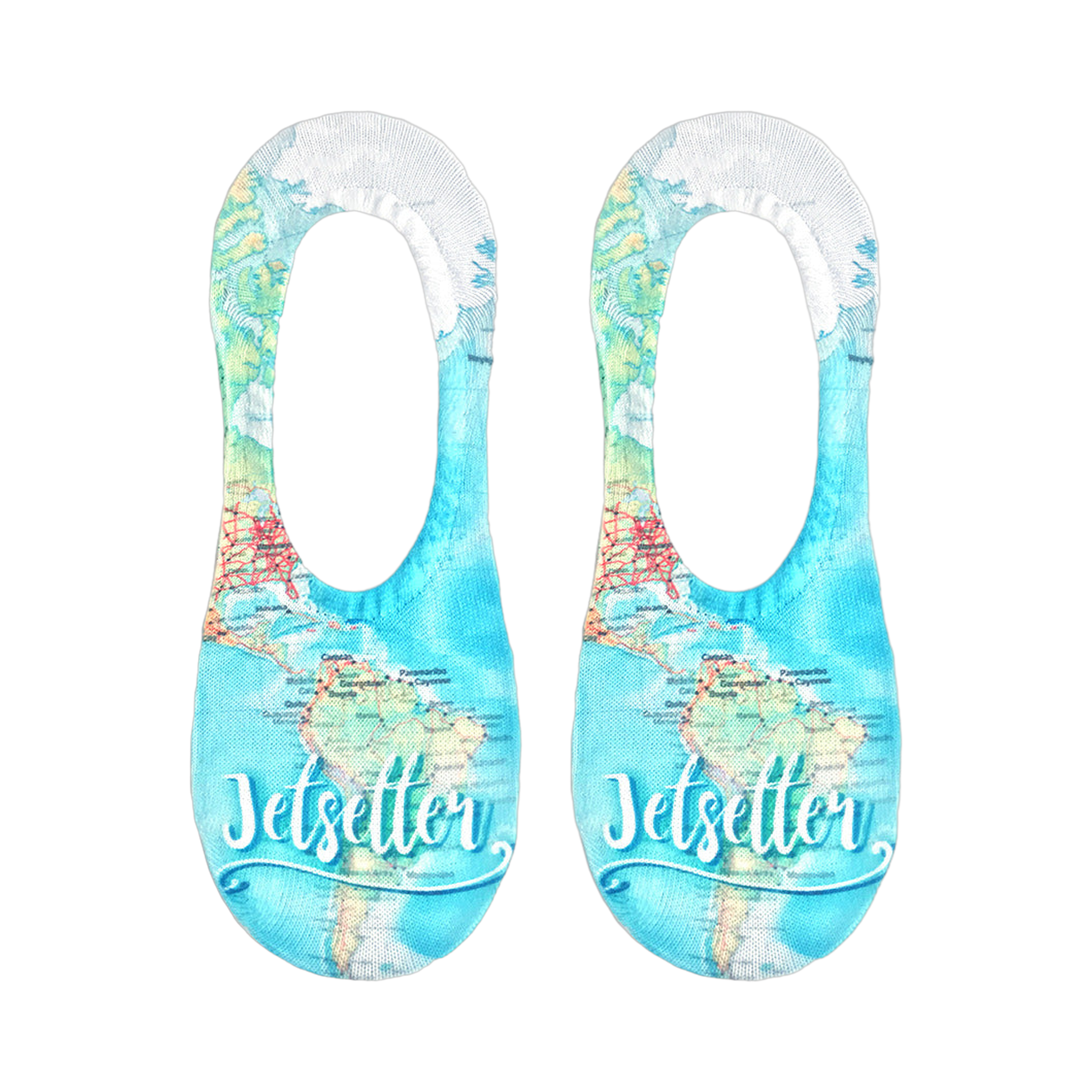 Flatlay product shot showing a pair of Jetsetter no-show socks with a world map design.
