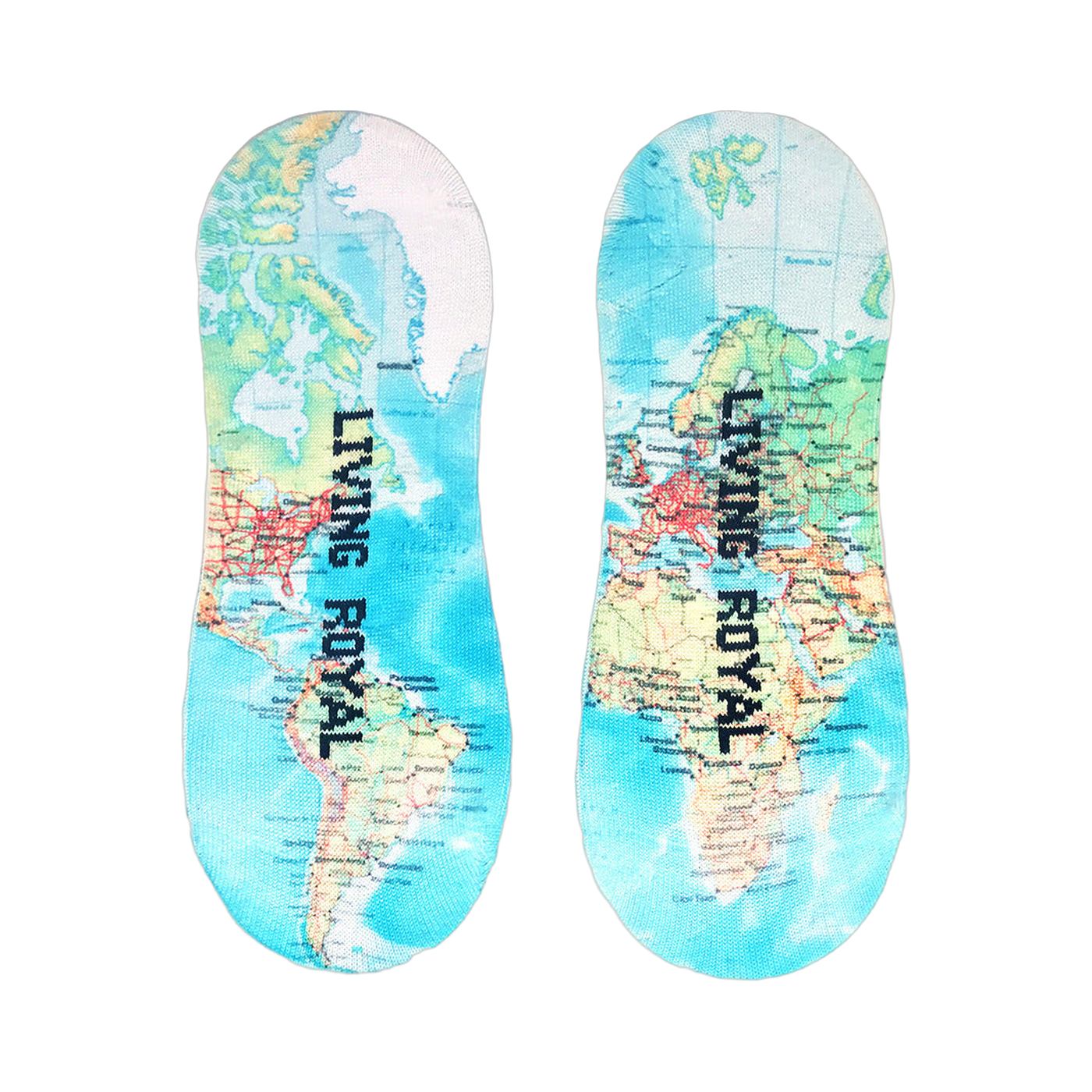 Close-up showing the detail of the world map and 'Living Royal' text on the socks.