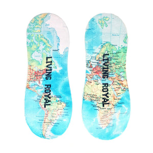 A pair of blue and white socks with a map of the world on them. The words 