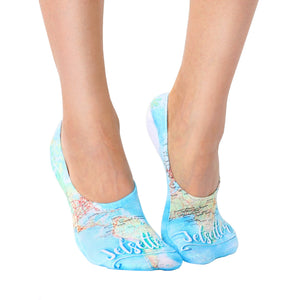 blue no-show socks with a world map pattern and 'jetsetter' written on the bottom.  