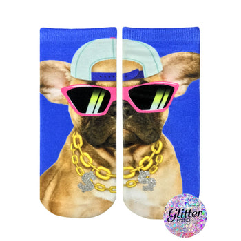 blue ankle socks featuring photo of french bulldog wearing sunglasses, hat, and gold necklace with dollar sign charm.    