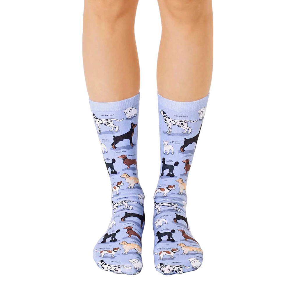 A pair of light blue crew socks with illustrations of various dog breeds.  The socks feature brown, black, and white dog illustrations. [lf]