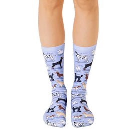 blue crew socks with patterning of various dog breeds. men's and women's.   