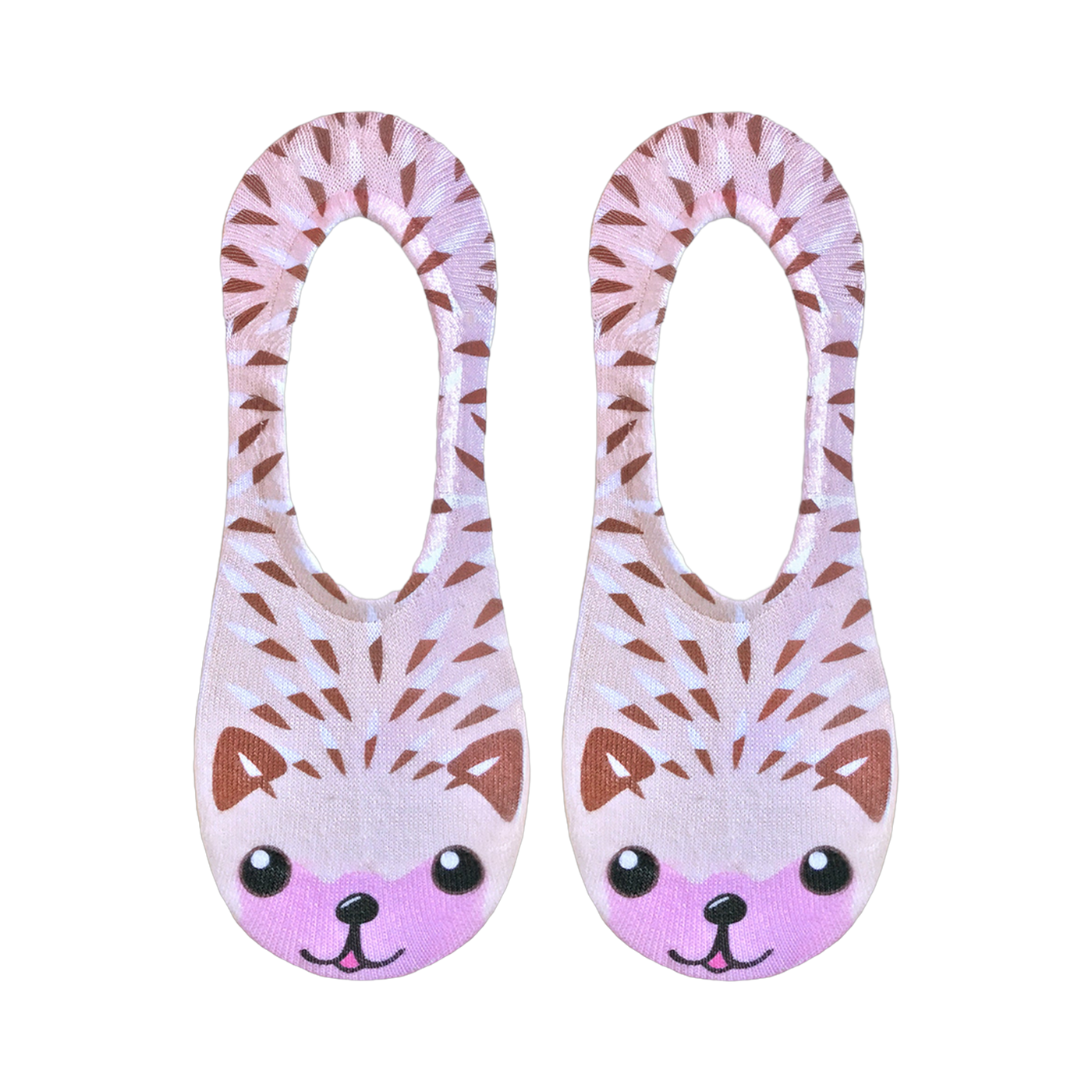 Flat lay product shot of a pair of beige hedgehog no-show socks.