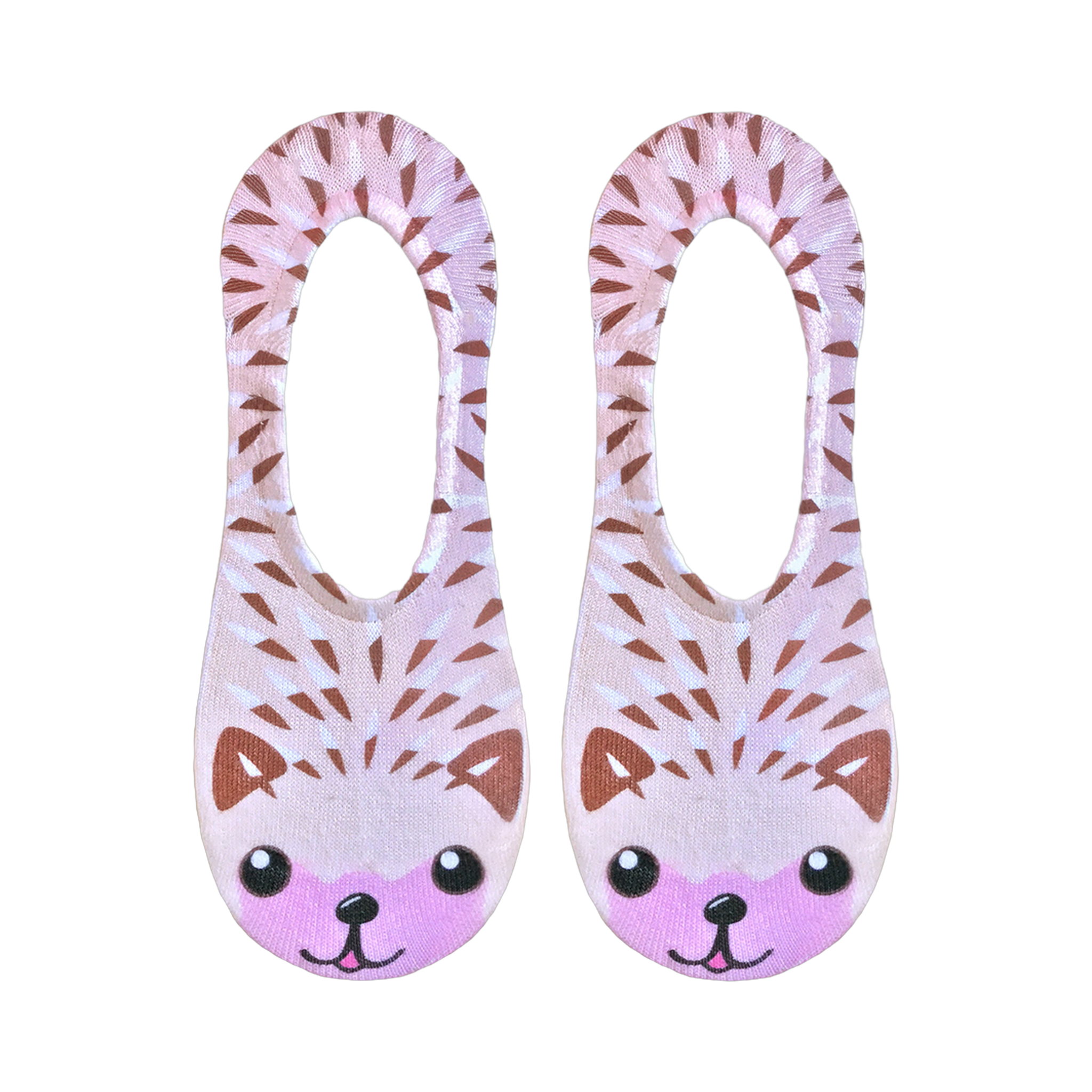 Flat lay product shot of a pair of beige hedgehog no-show socks.