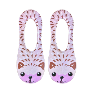 Flat lay product shot of a pair of beige hedgehog no-show socks.