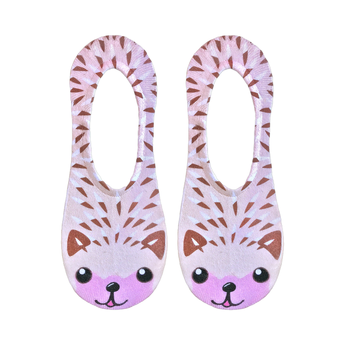 Flat lay product shot of a pair of beige hedgehog no-show socks.