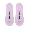 Close-up of the inside of the hedgehog socks, showing the 'Living Royal' branding and pink paw prints.