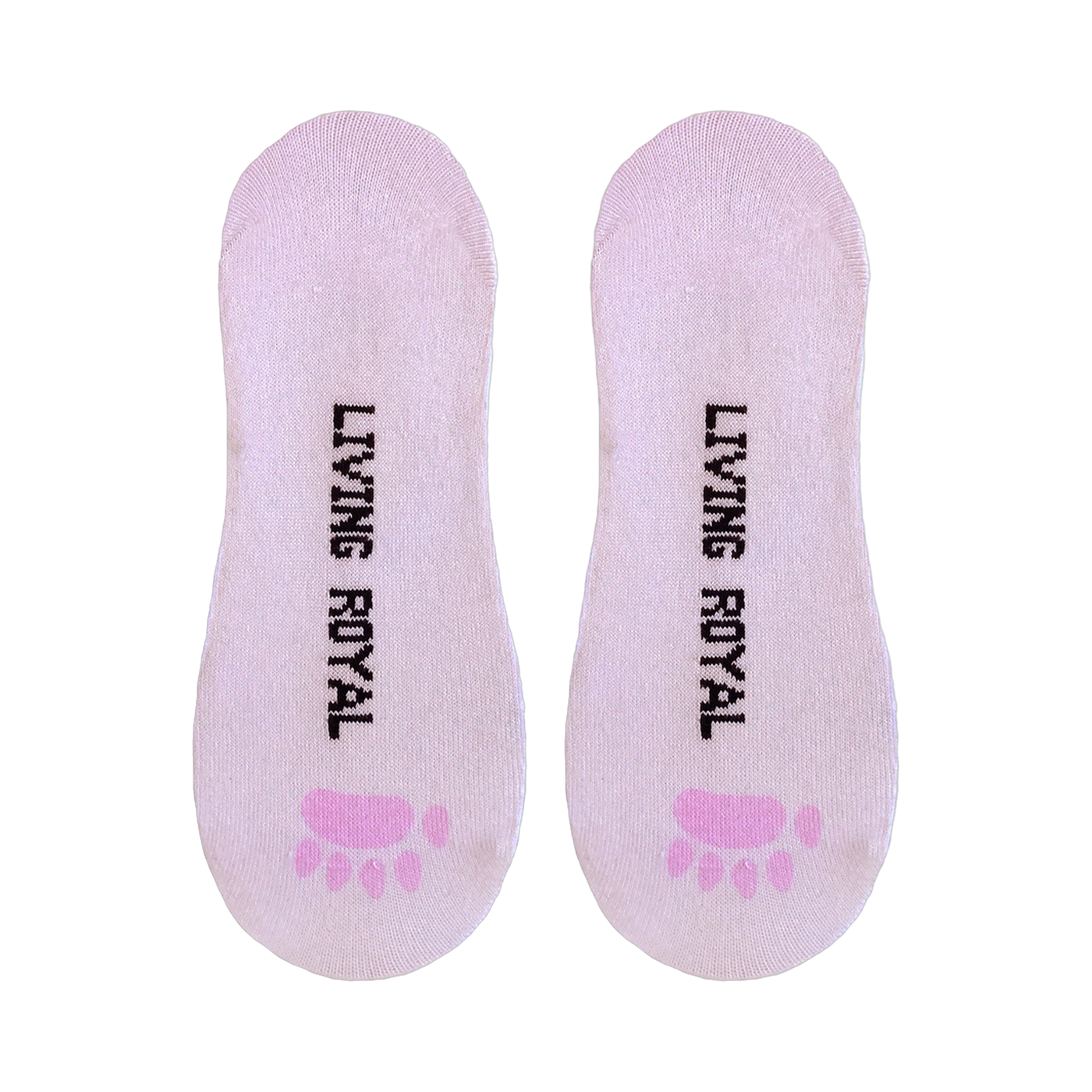 Close-up of the inside of the hedgehog socks, showing the 'Living Royal' branding and pink paw prints.