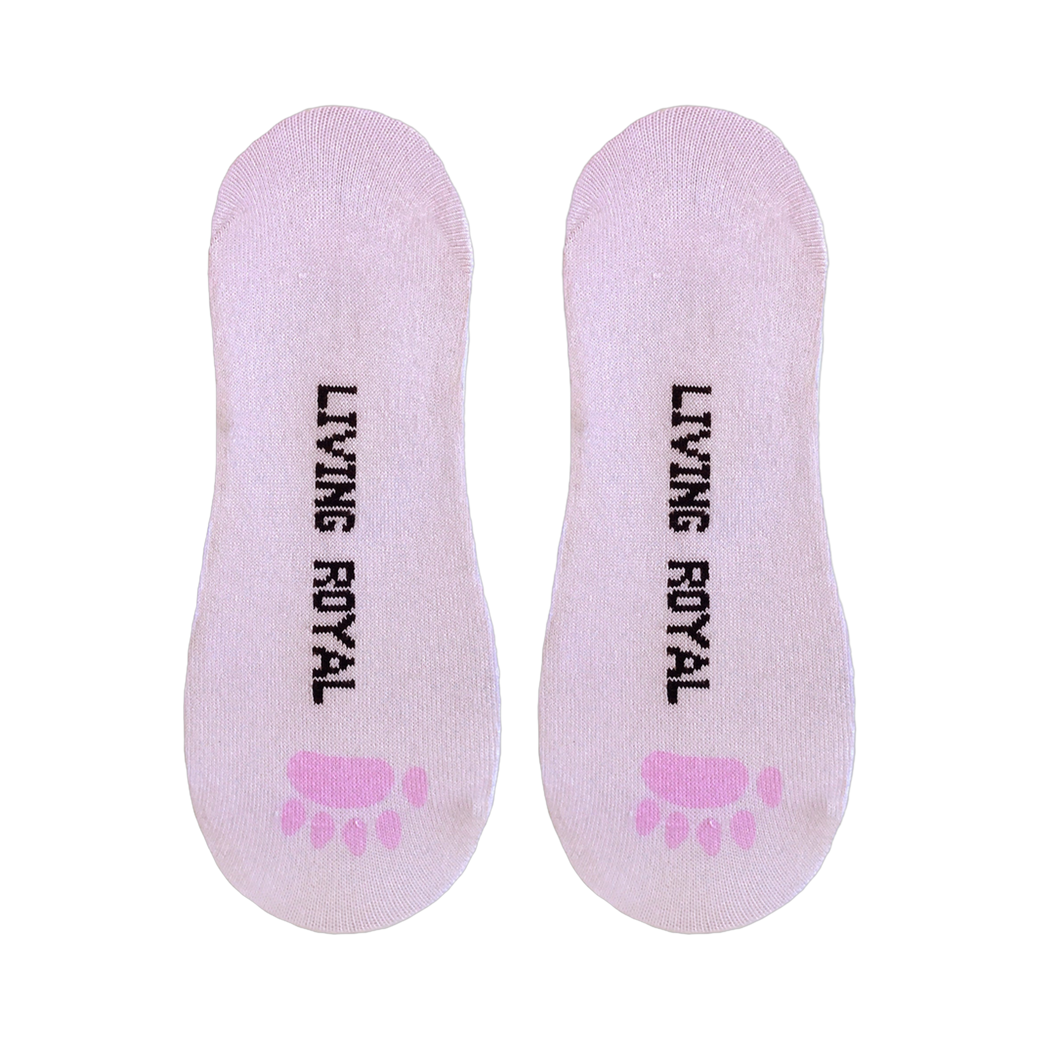Close-up of the inside of the hedgehog socks, showing the 'Living Royal' branding and pink paw prints.