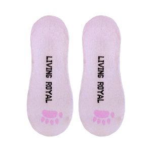 Close-up of the inside of the hedgehog socks, showing the 'Living Royal' branding and pink paw prints.