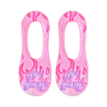 Pair of pink no-show socks with a flame design and 'Girl Gang!' text in purple. 