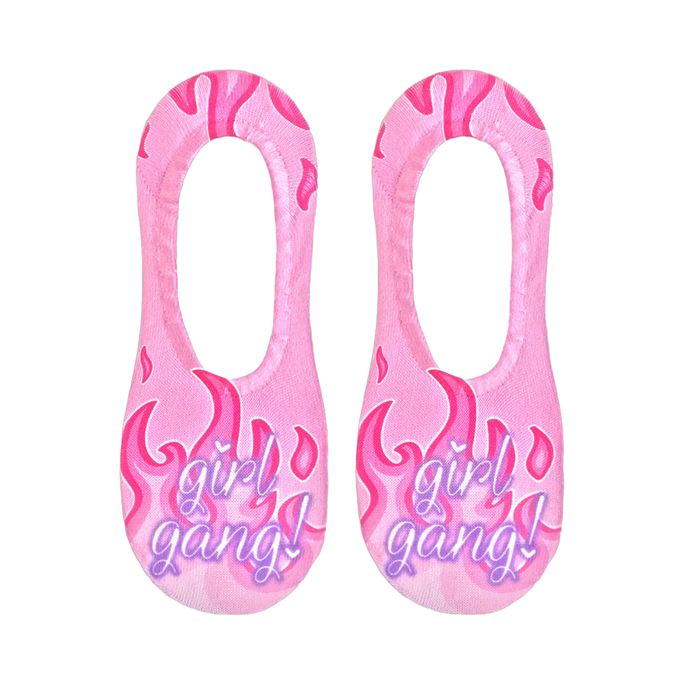 Pair of pink no-show socks with a flame design and 'Girl Gang!' text in purple. 
