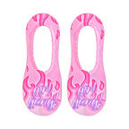 Pair of pink no-show socks with a flame design and 'Girl Gang!' text in purple. 