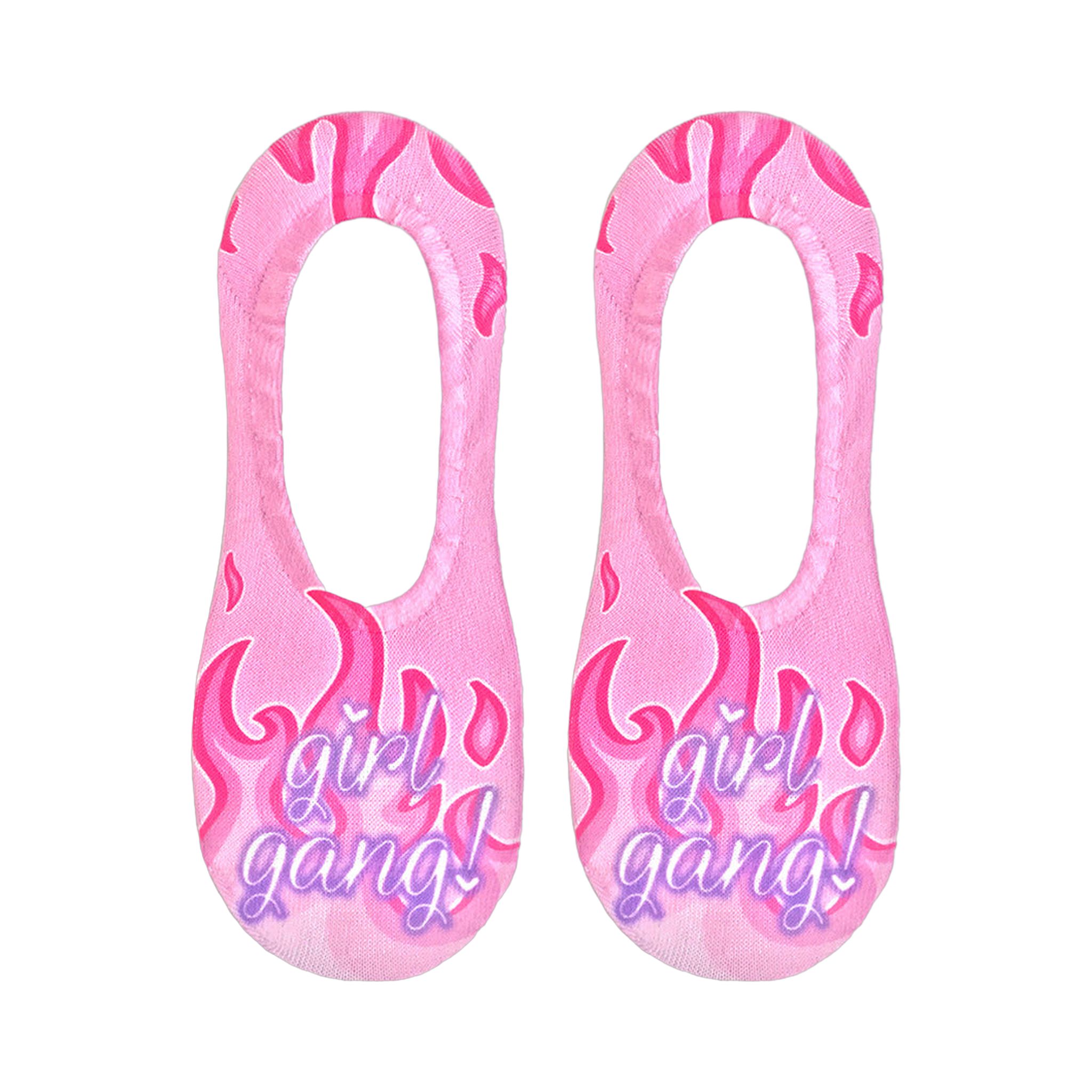 Pair of pink no-show socks with a flame design and 'Girl Gang!' text in purple. 
