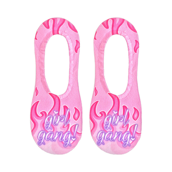 Pair of pink no-show socks with a flame design and 'Girl Gang!' text in purple. 