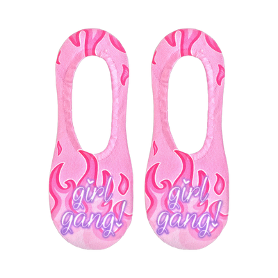Pair of pink no-show socks with a flame design and 'Girl Gang!' text in purple. 