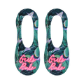 Pair of women's no-show socks. Green and purple tropical leaf print with 'Girls Rule' in neon pink.