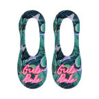 Pair of women's no-show socks. Green and purple tropical leaf print with 'Girls Rule' in neon pink.