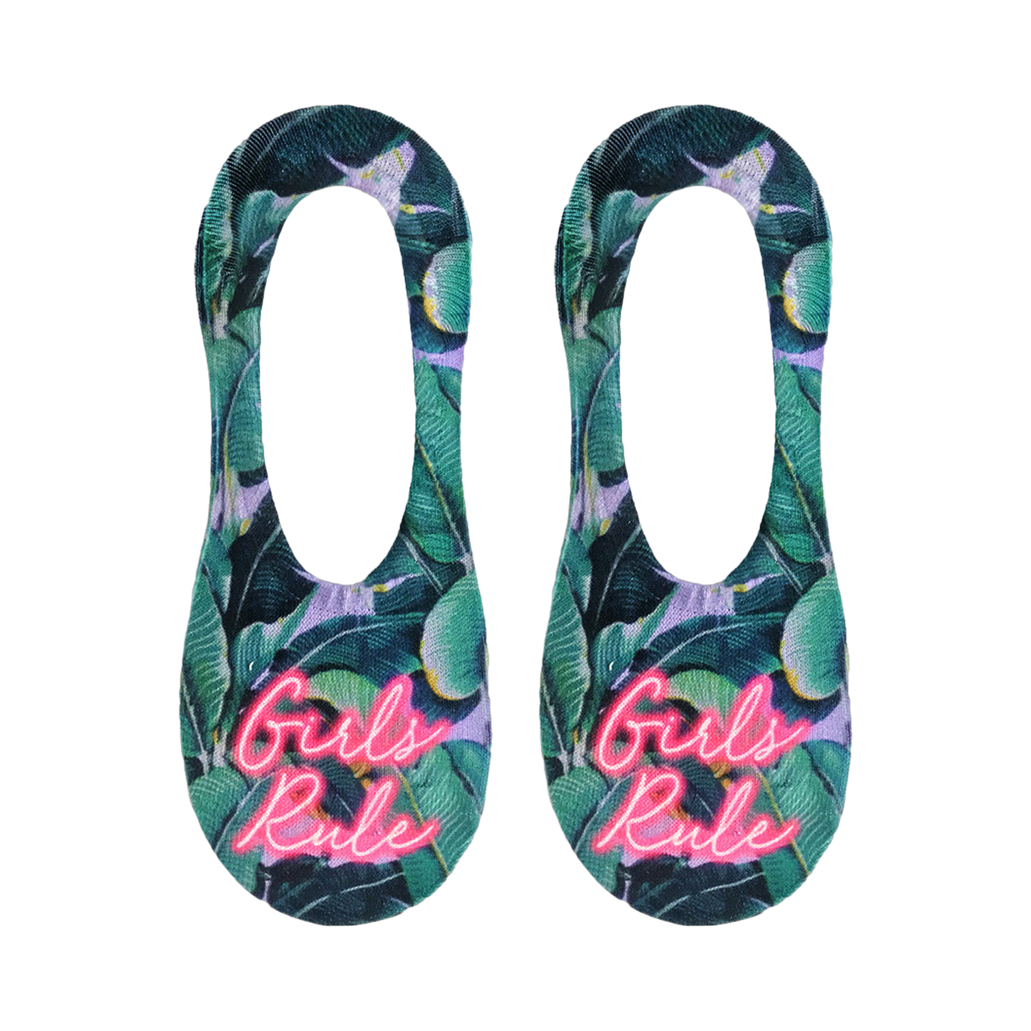 Pair of women's no-show socks. Green and purple tropical leaf print with 'Girls Rule' in neon pink.