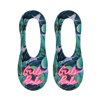 Pair of women's no-show socks. Green and purple tropical leaf print with 'Girls Rule' in neon pink.