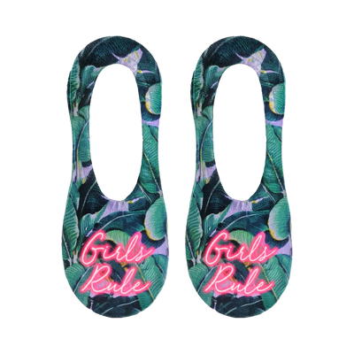 Pair of women's no-show socks. Green and purple tropical leaf print with 'Girls Rule' in neon pink.