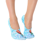 Lifestyle shot showing the 'Never On Time' no-show socks on a woman's feet. [lf]