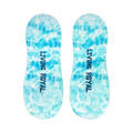 Flat lay image showcasing a pair of light blue no-show socks with a tie-dye effect and the words 'LIVING ROYAL' on them.