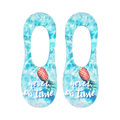 Pair of light blue no-show socks.  Features a pineapple and 'Never On Time' text on a water-like background.
