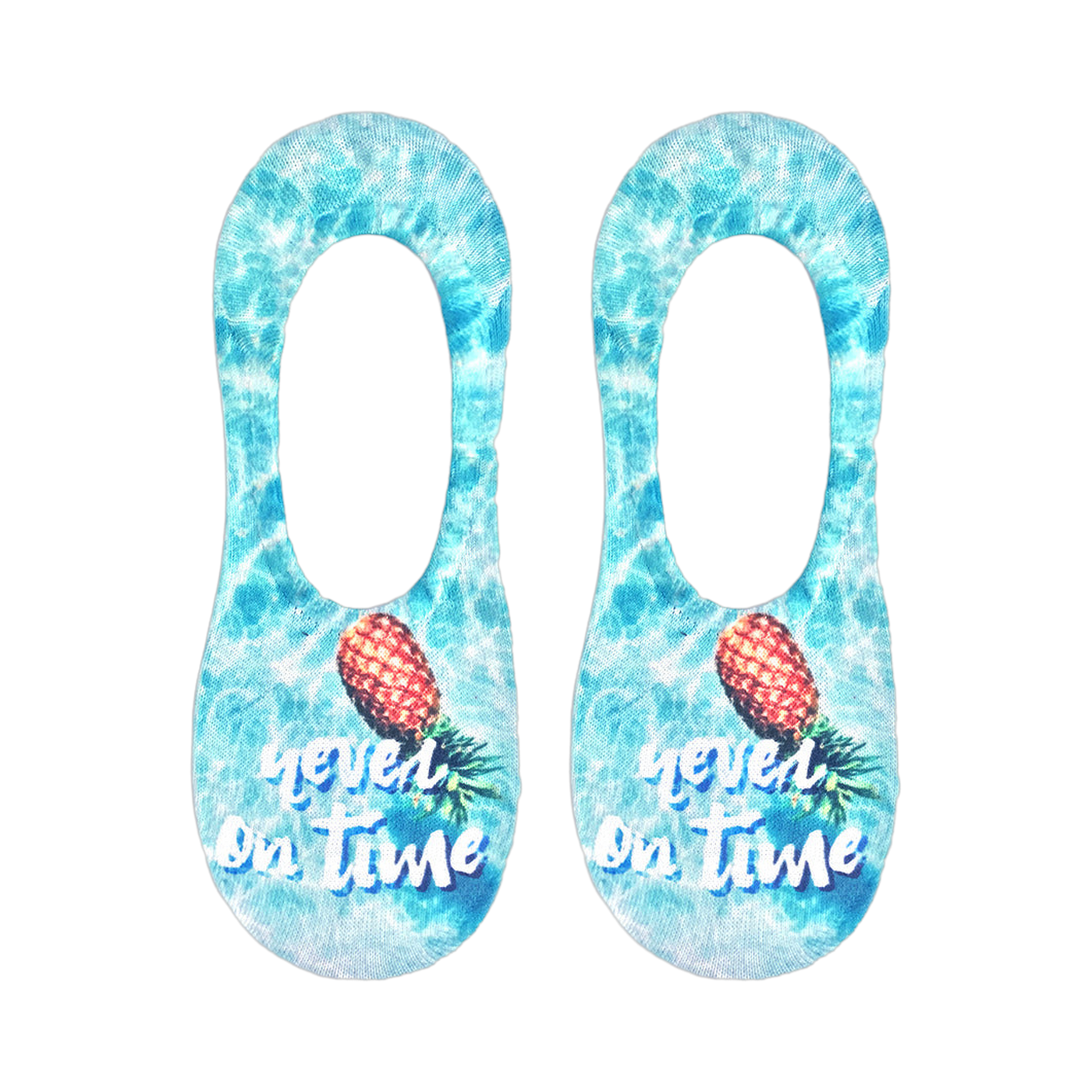 Pair of light blue no-show socks.  Features a pineapple and 'Never On Time' text on a water-like background.