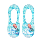 Pair of light blue no-show socks.  Features a pineapple and 'Never On Time' text on a water-like background.