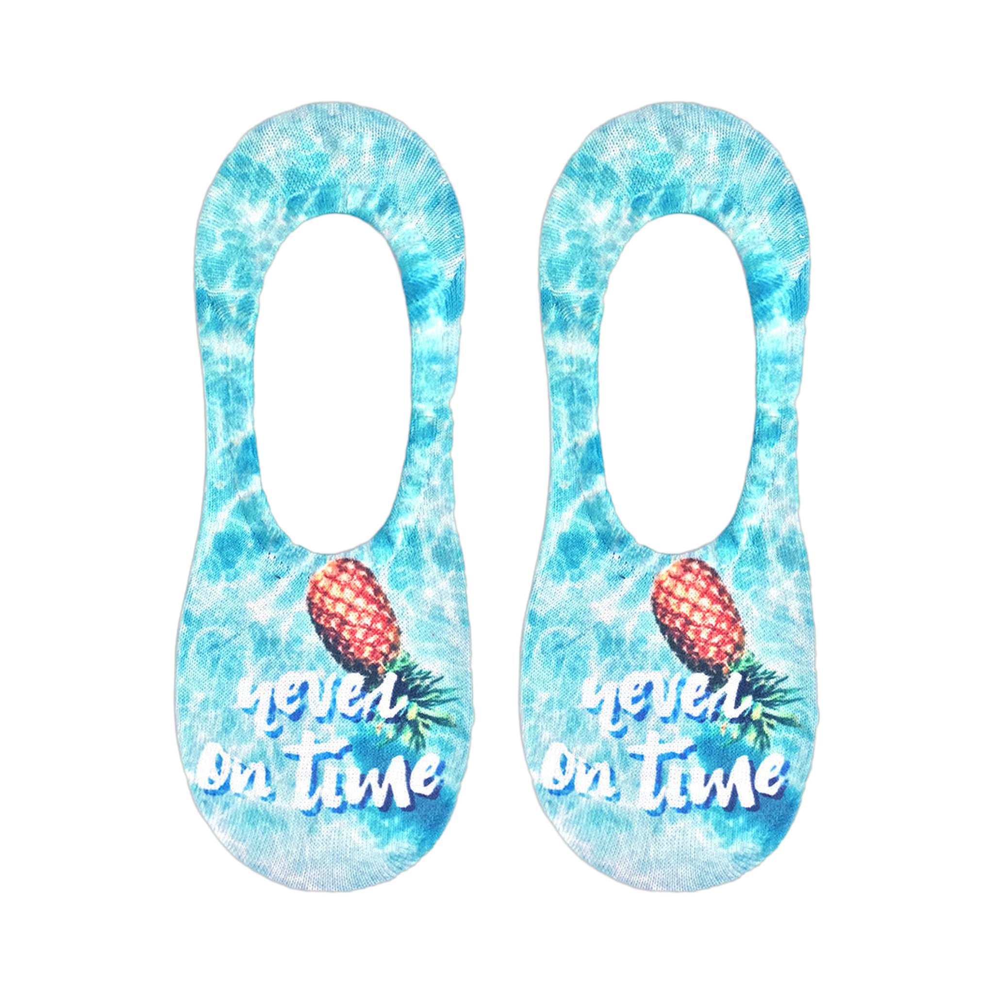 Pair of light blue no-show socks.  Features a pineapple and 'Never On Time' text on a water-like background.