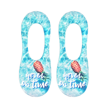 Pair of light blue no-show socks.  Features a pineapple and 'Never On Time' text on a water-like background.