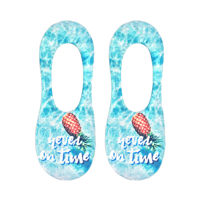 Pair of light blue no-show socks.  Features a pineapple and 'Never On Time' text on a water-like background.