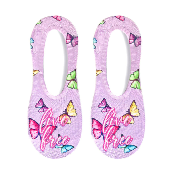 A pair of lavender low-cut socks with a butterfly pattern and the words 