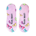 Close-up detail shot of 'Live Free' no-show socks, highlighting the vibrant butterfly and text design.
