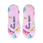 Close-up detail shot of 'Live Free' no-show socks, highlighting the vibrant butterfly and text design.