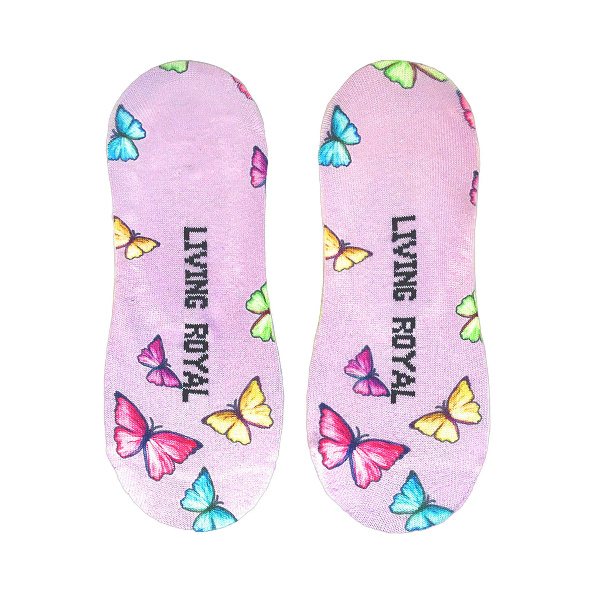 Close-up detail shot of 'Live Free' no-show socks, highlighting the vibrant butterfly and text design.