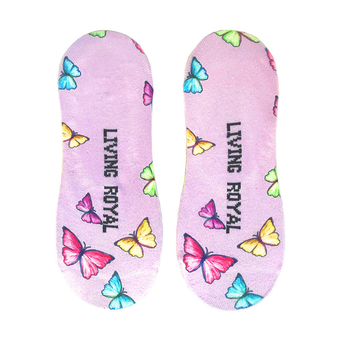 A pair of lavender low-cut socks with a butterfly pattern and the words 